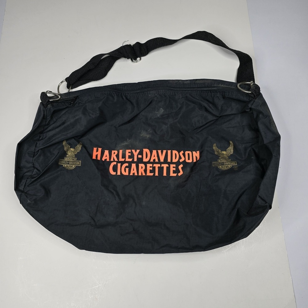 Vintage 90s Harley Davidson Cigarettes Duffel Bag Packable Black Nylon Travel